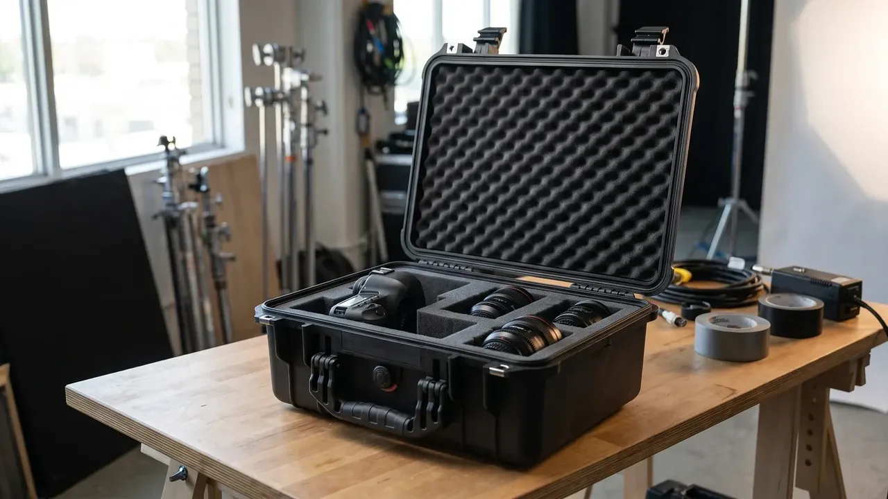 Long Weapon Case: black hard case open on a wooden bench, full egg-crate foam in the lid, four die-cut foam recesses inside, two draw latches at the front, tape rolls to the right