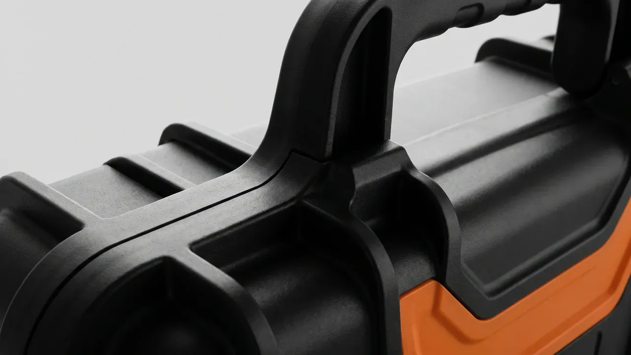 Low MOQ custom plastic case: close-up of the lid handle, three lengthwise ribs, rounded handle bosses, a strip of orange shell at lower left.