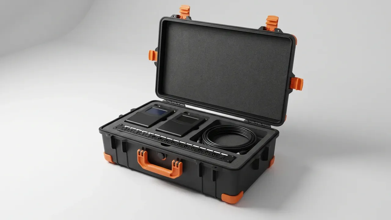 Low MOQ custom plastic case: black and orange case standing open, orange latches, orange handle, corner bumpers, a screened device and coiled cable in foam.