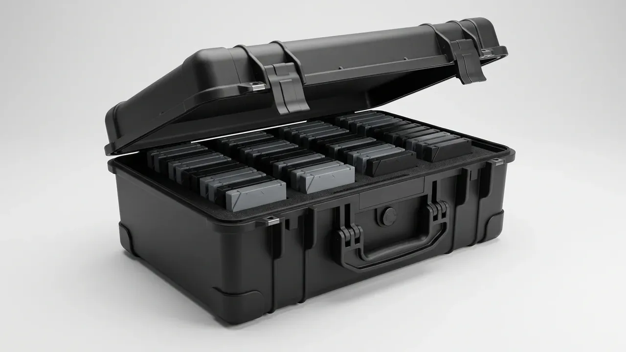 Made-in-China plastic case exporter: black case open, black foam cut into rows of pockets holding grey plates, black handle and round dial