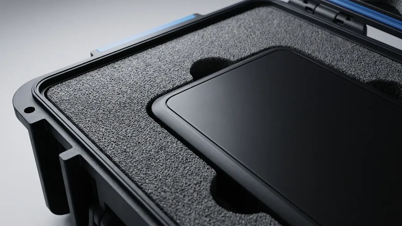 Made-in-China plastic case exporter: corner close-up, blue gasket in the rim, grey beaded foam cut with a square pocket holding a flat panel