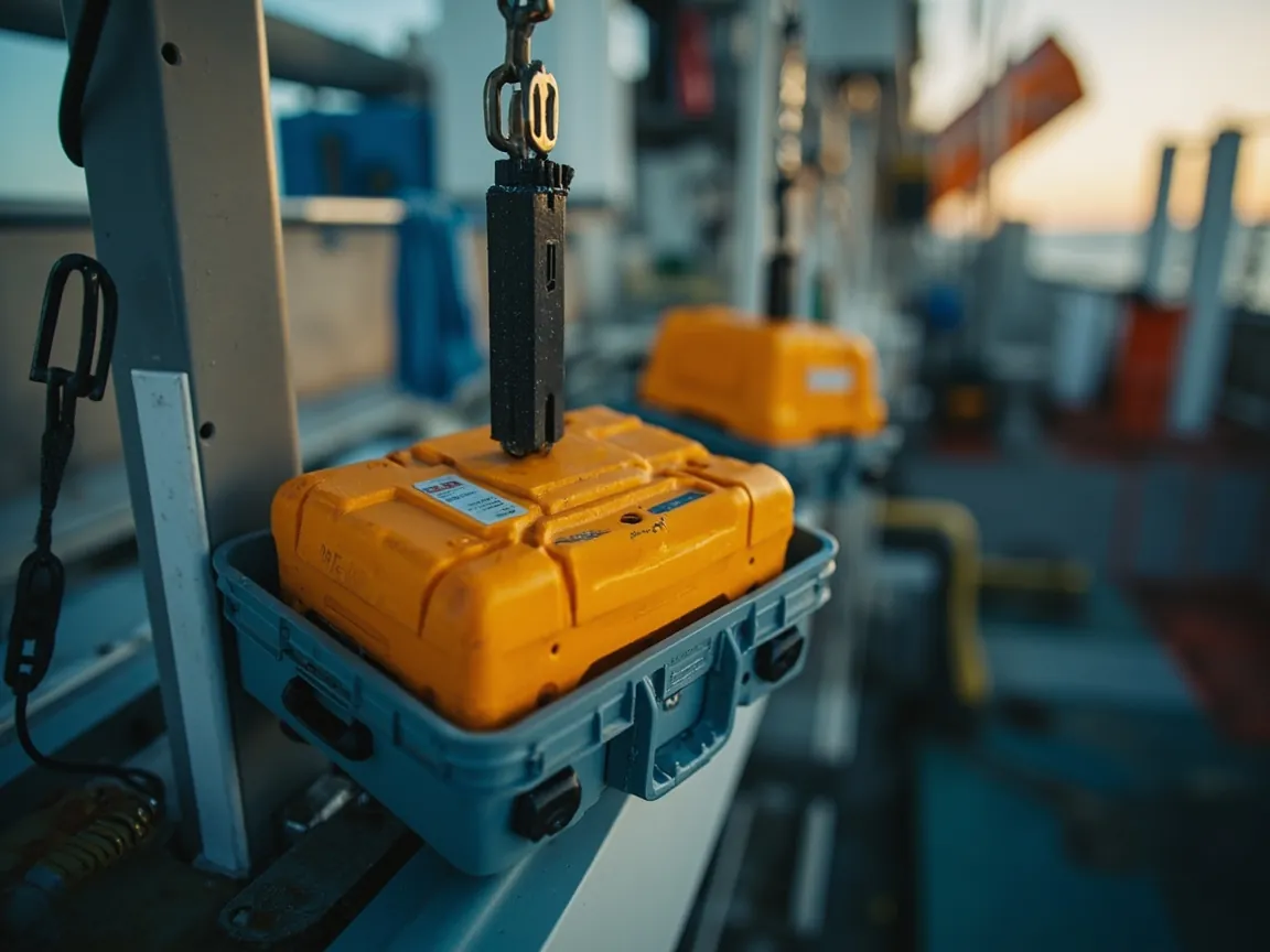 researchers on deck loading hydrological instruments into the case and checking the checklist during maintenance turnaround