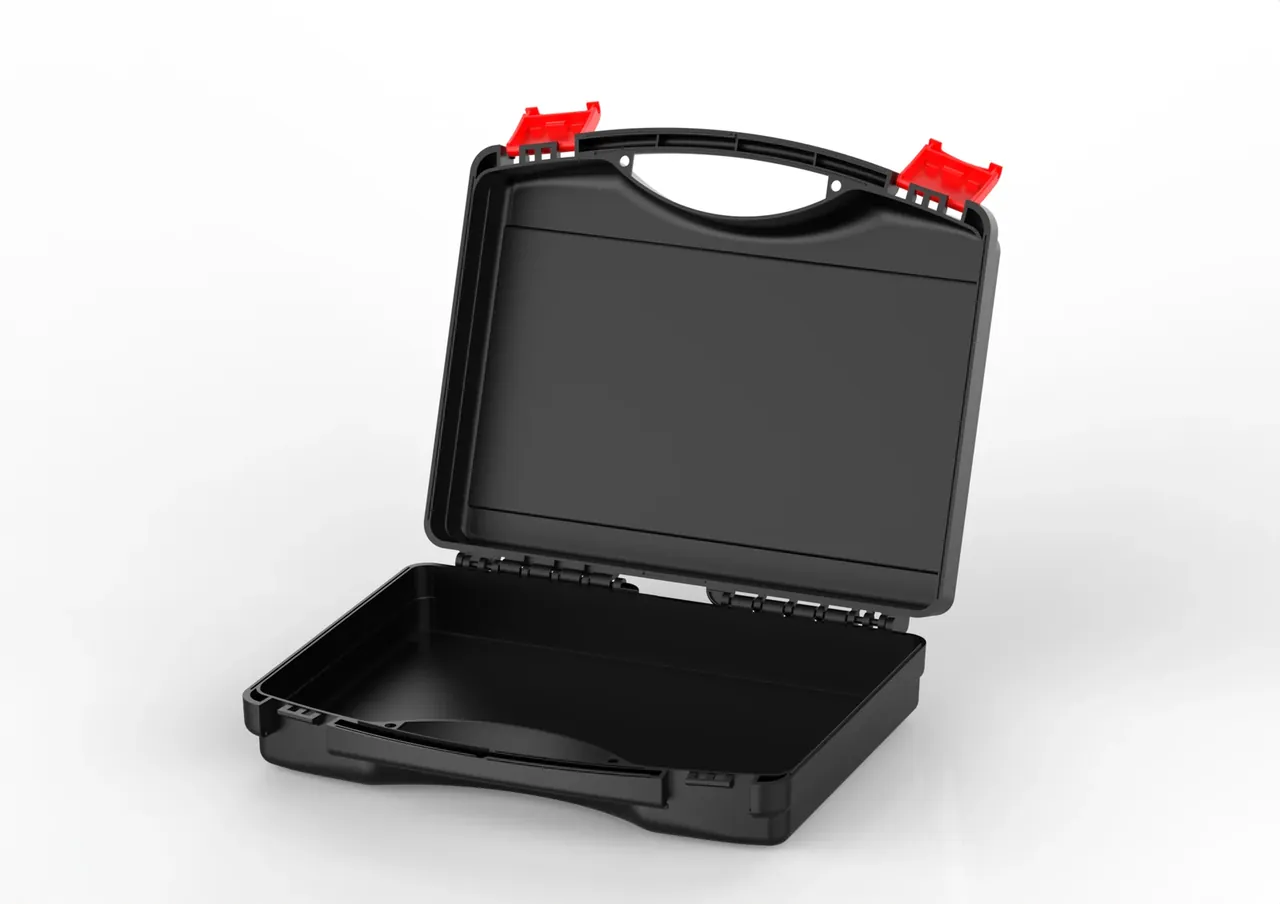 Marine protective case: open black body upright, empty interior, two red latches swung out, hinge seat and gasket groove along the rear rim