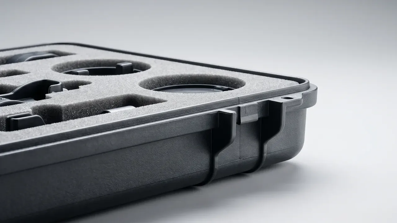 Measuring Instrument Case: black case with grey foam insert cut into round pockets and rectangular slots, side latch visible