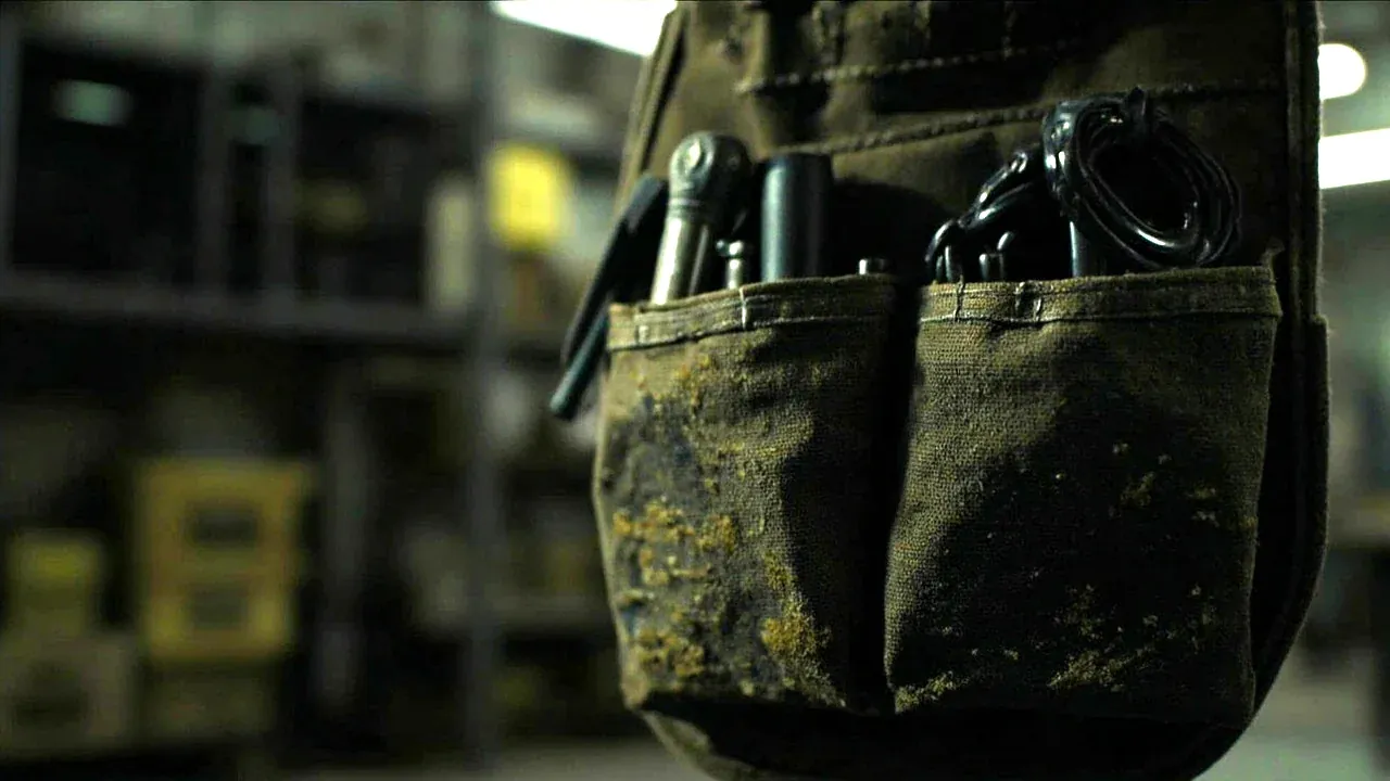 Close-up of a tool pouch with grease marks on the lower panel in a workshop