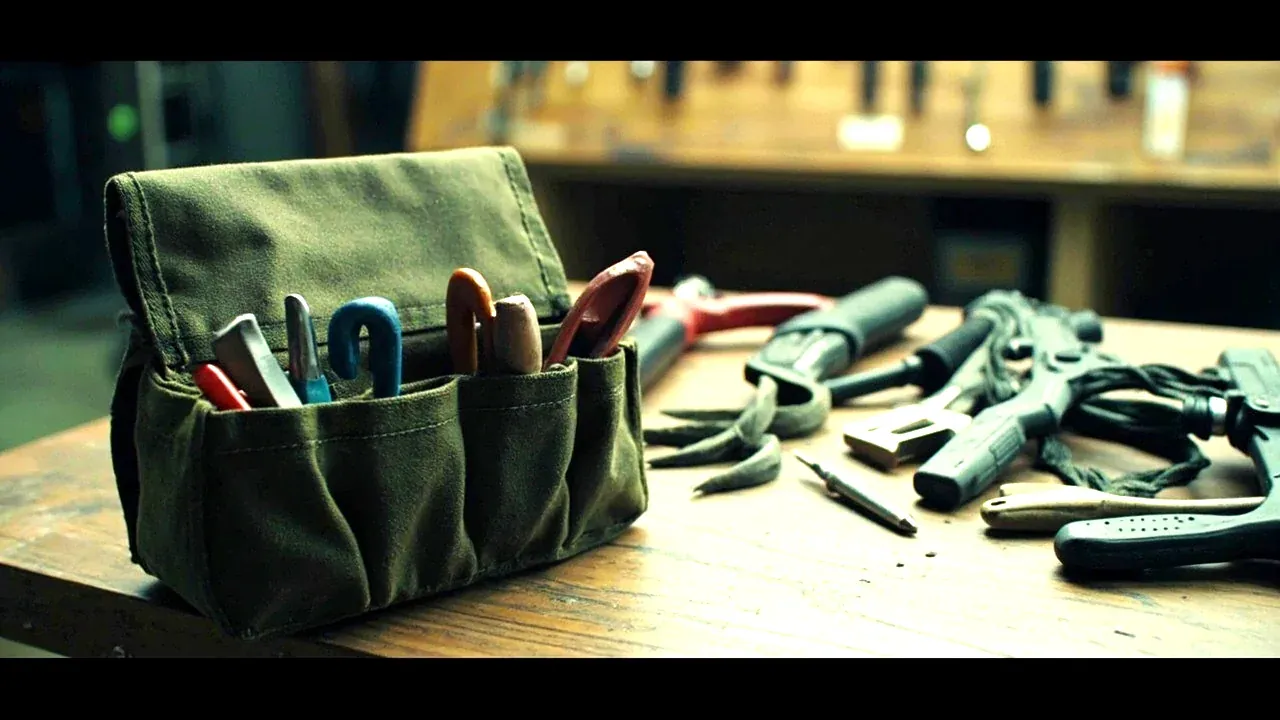 A tool pouch on a workshop bench with tools laid out in access order