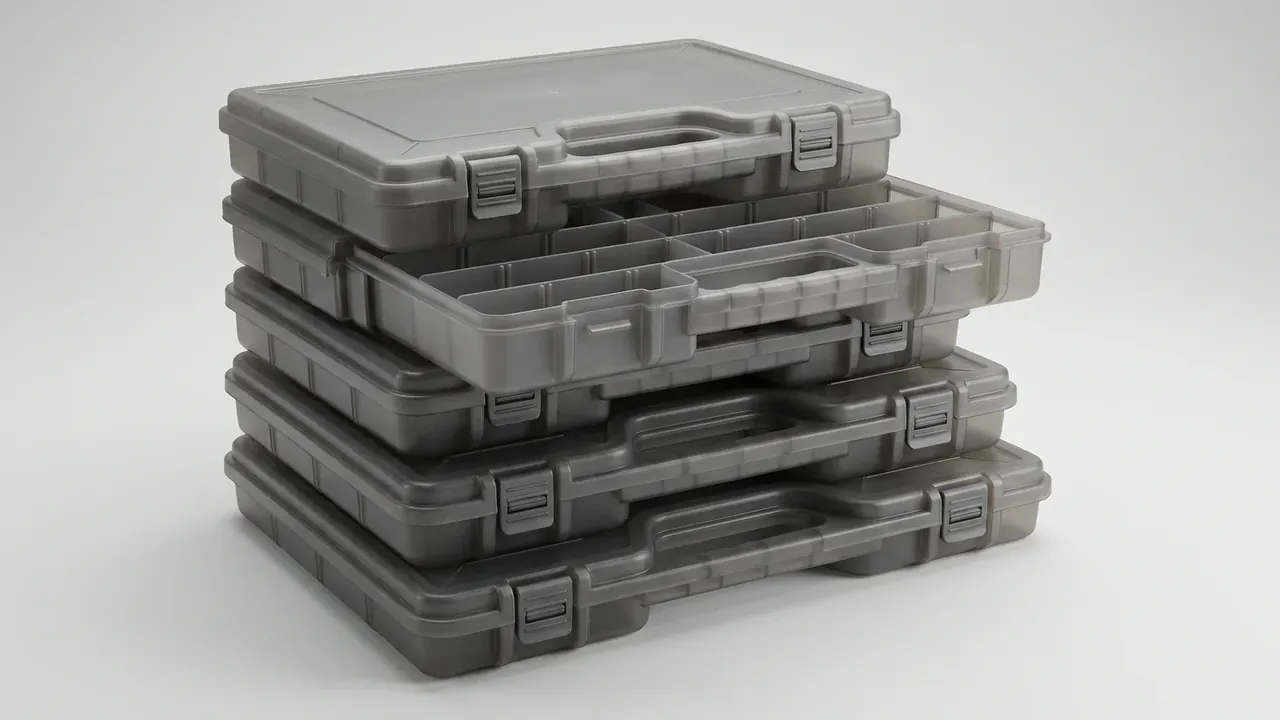Mechanic's Tool Pouch: five grey cases stacked on a white sweep, the second open to show ribbed compartments, each with a moulded handle