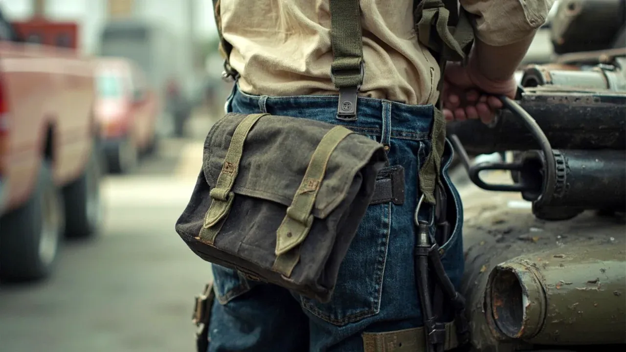A tool pouch worn at the hip by a worker in overalls beside a vehicle, no face