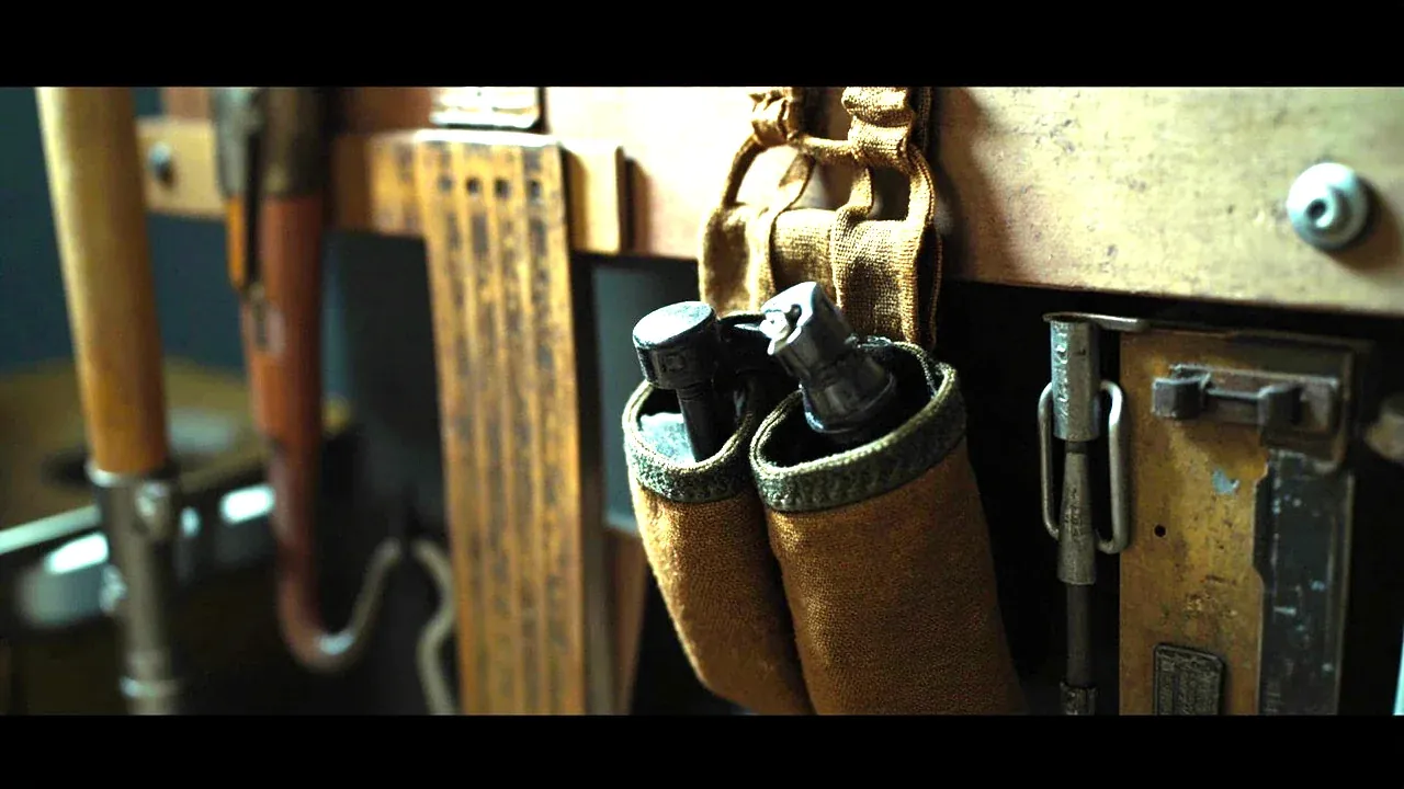A tool pouch hanging from a tool board with a hammer loop and a tape measure clip