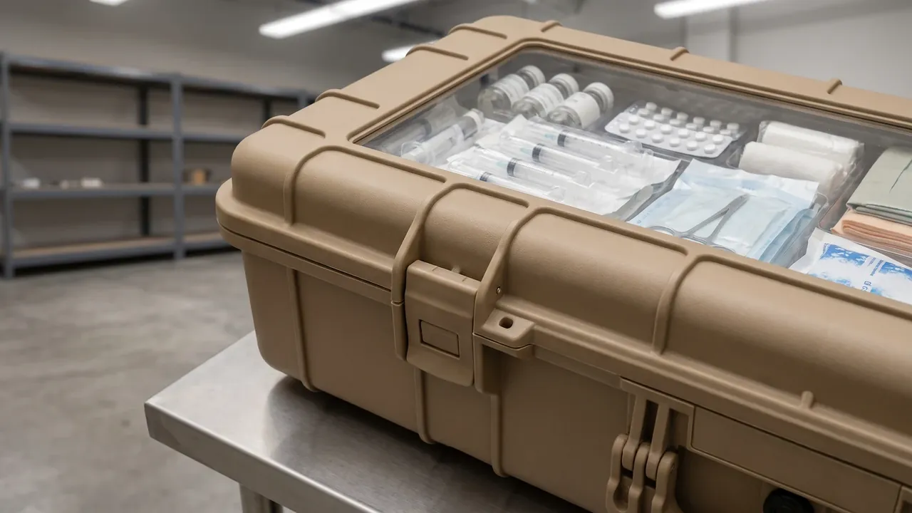 Custom first-aid case shell used in the Transport, Stacking, and Tie-Down Interfaces stage for first aid kit case