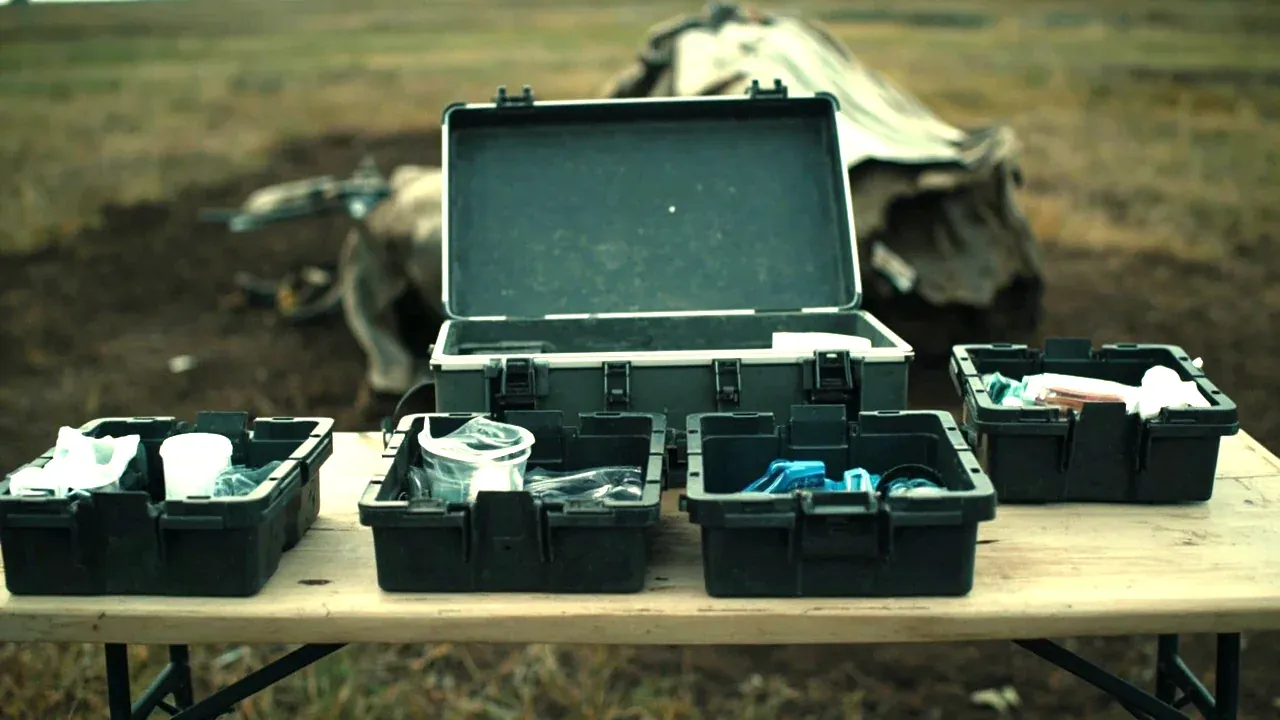 A medical case open on a folding table at a field site, supplies in trays, no faces