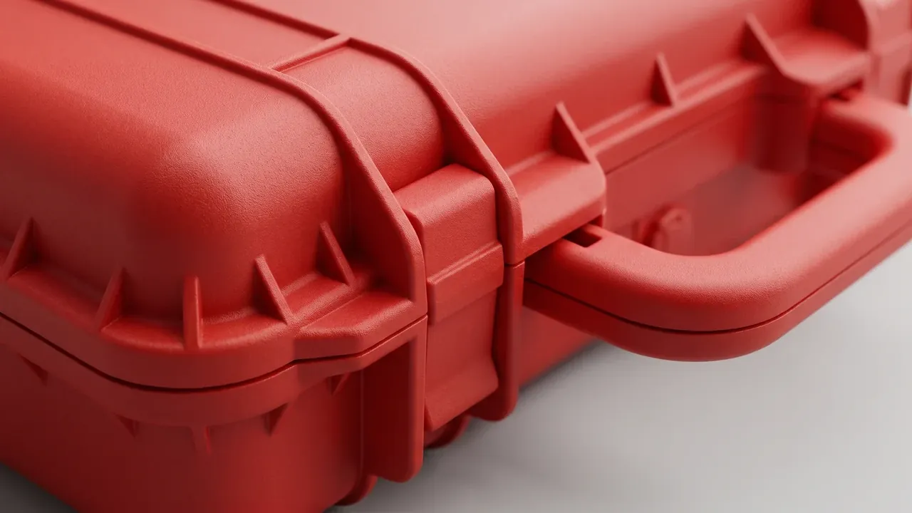 Medical case: close-up of a red corner, lid lip locked over body ribs, one latch and the handle bar at right, fine matte texture