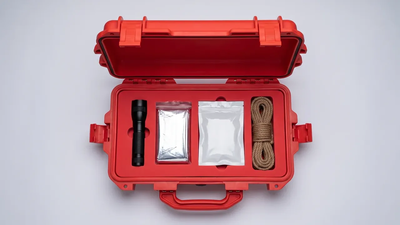 Medical case: red case open flat, deep lid cavity, moulded pockets holding a torch, two silver pouches and a rope coil