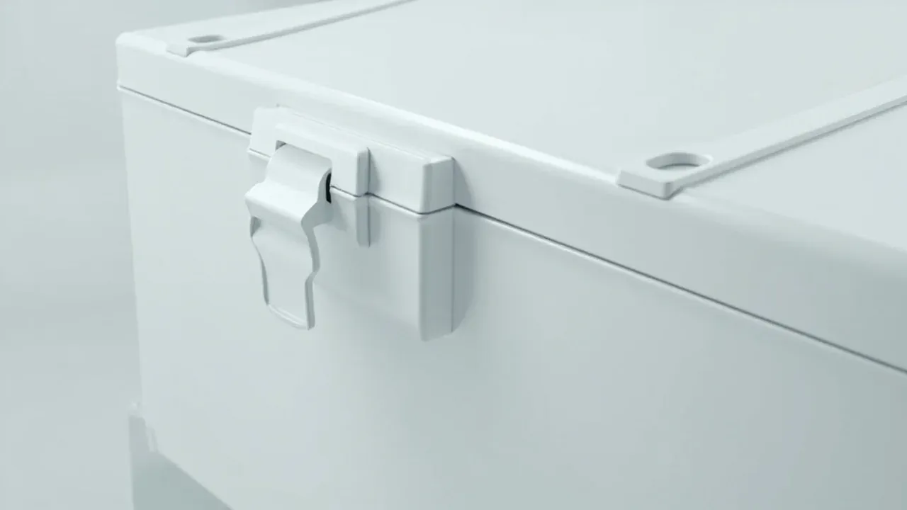 Close-up of a sealed medical case lid gasket and two draw latches, clean white surface