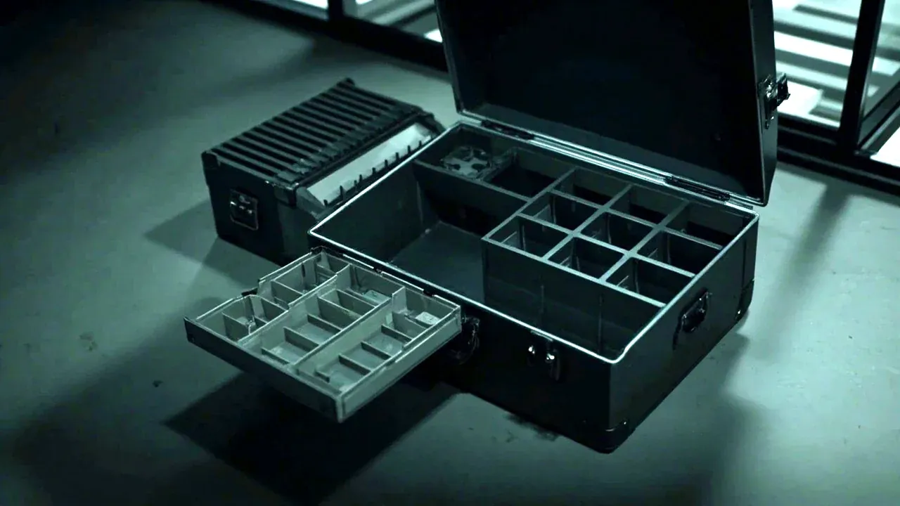 A medical case with internal removable trays and dividers, one tray partly pulled out