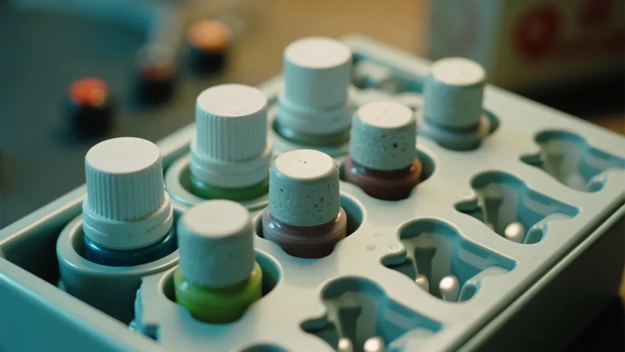 Close-up of a medical case tray with moulded slots holding bottles and packets upright