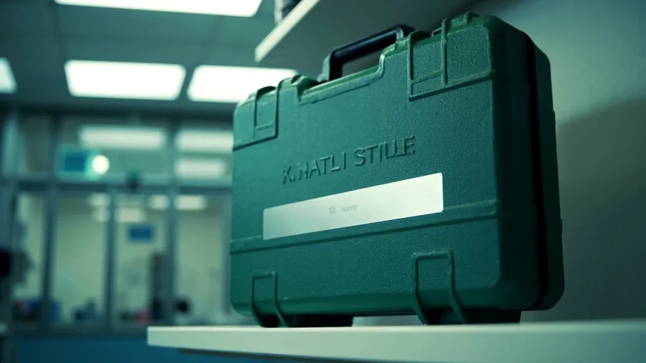 A closed medical case with a carry handle and a label holder on a clinic shelf