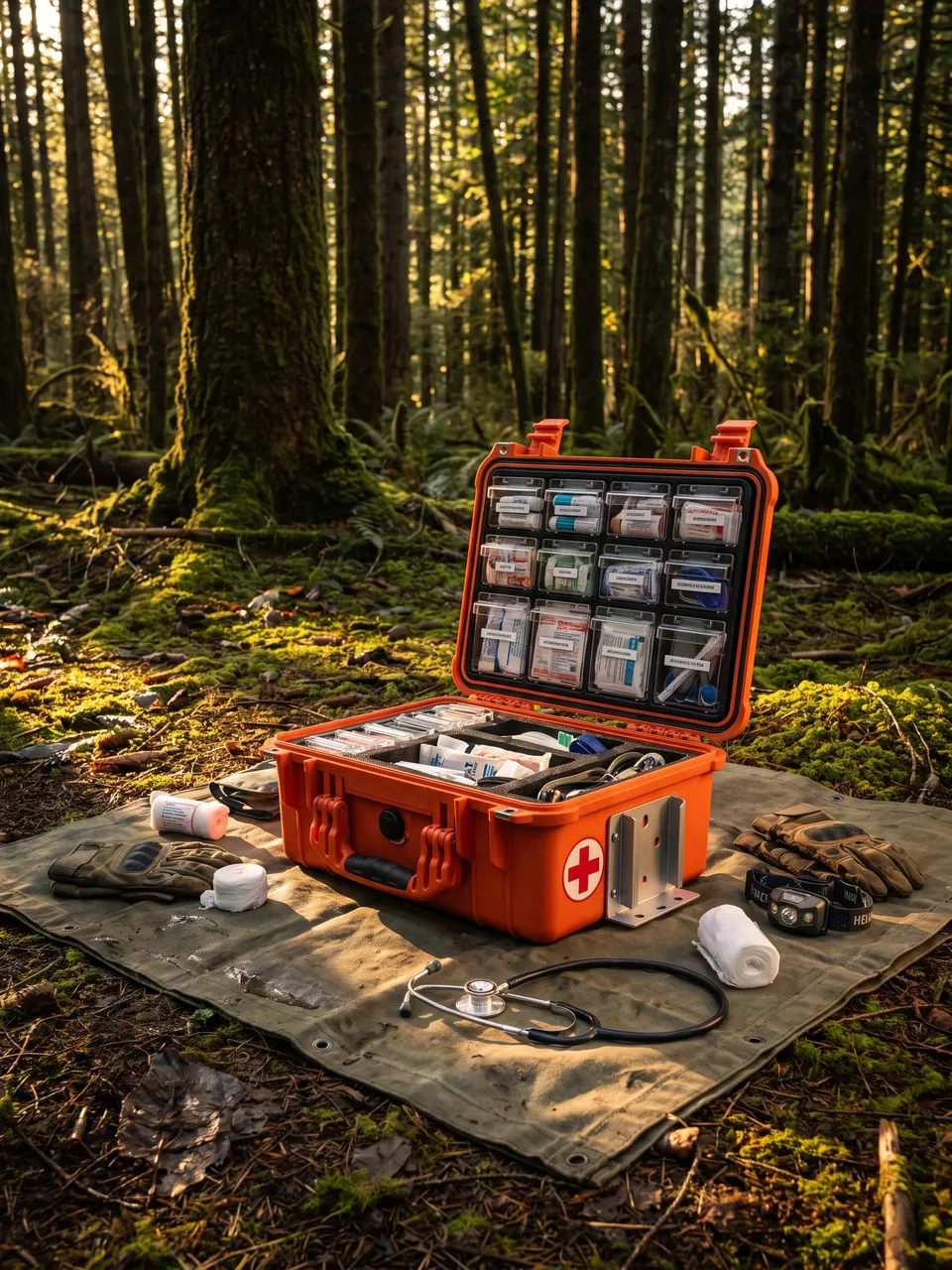 AED defibrillator in orange EMS case foam