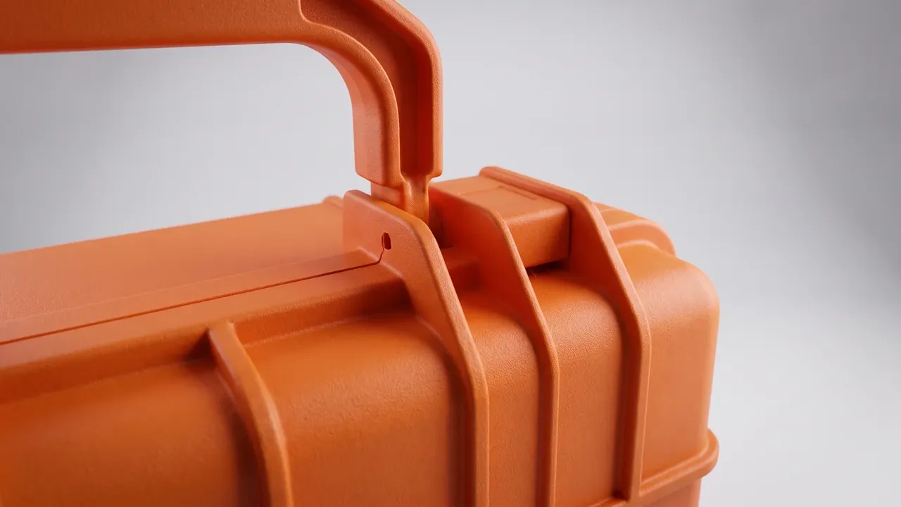 Medical equipment plastic case: close-up of an orange case corner and handle, three vertical ribs, a folded handle root and one small hole