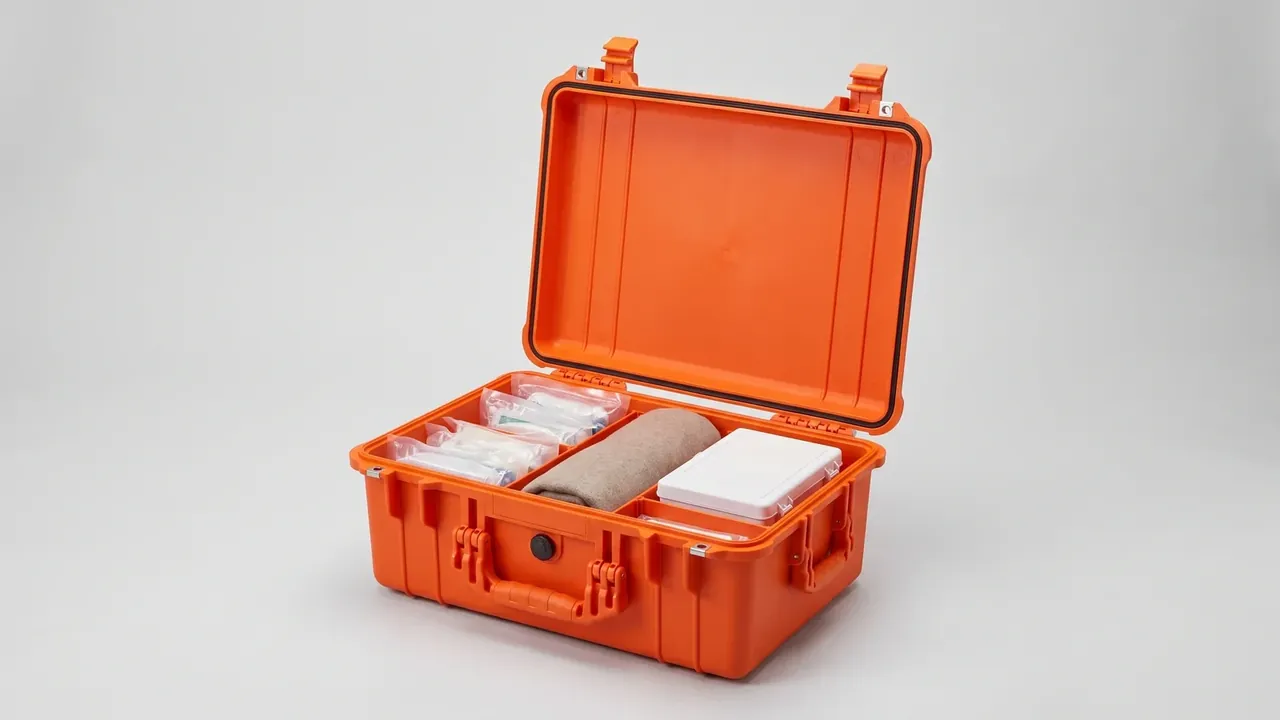 Medical equipment plastic case: orange case open towards the camera, clear bags of consumables, a rolled mat and a white box, black lid gasket