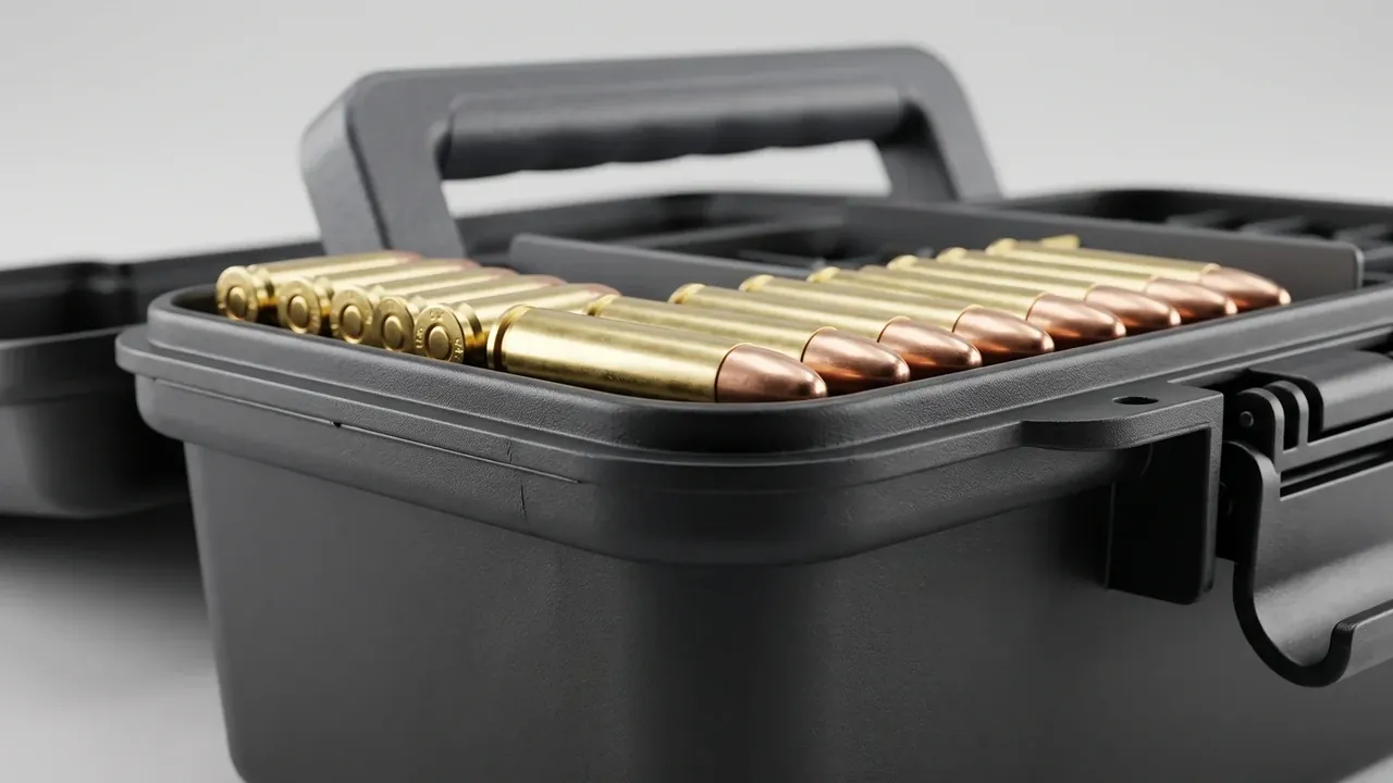 Metal Ammunition Box: an open black case with brass cartridges in rows, grey dividers splitting the cavity, a folding handle raised behind