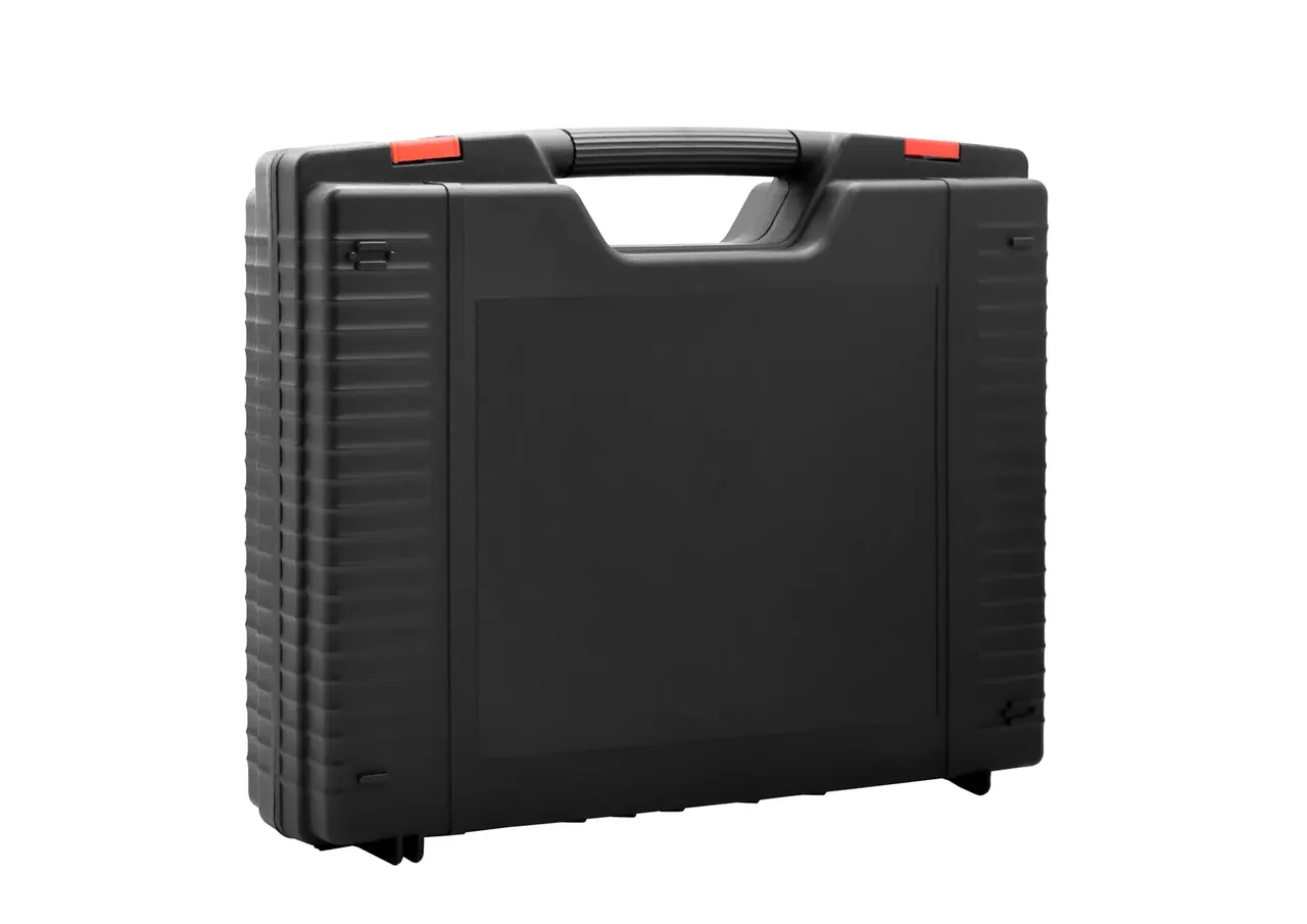 A black case at forty-five degrees, closed, the lid seam clear against the body and vertical ribs on the wall