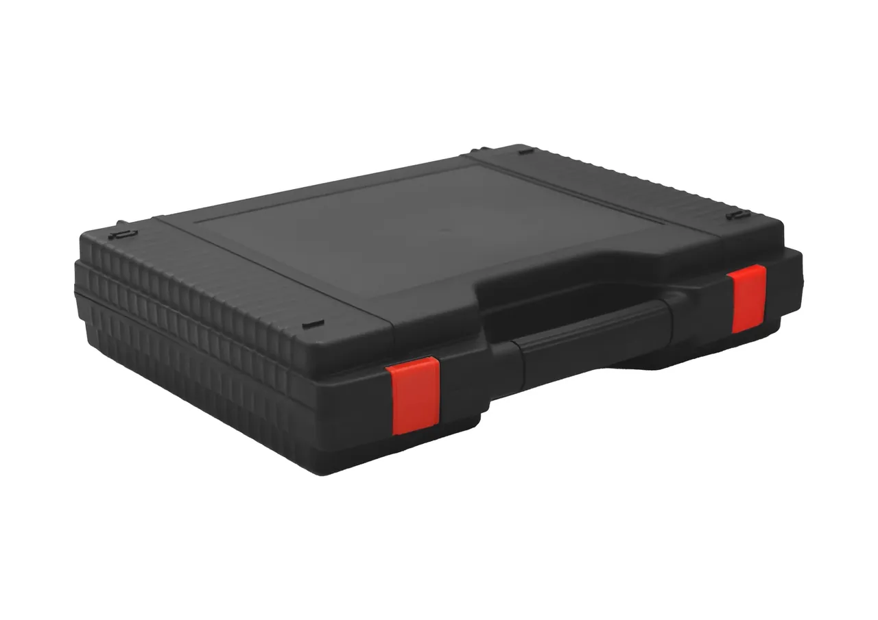 A black case closed at an angle, red draw latches pressing on the wall beside the handle and fine ribs along the side