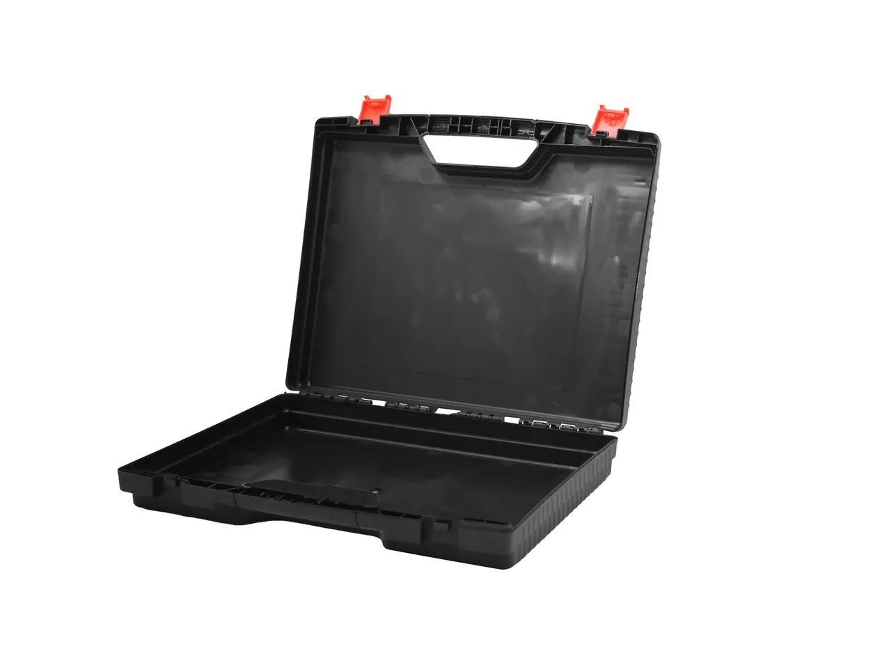 A black case open, the lid interior a flat panel with a recessed border, the base empty and the hinge visible at the rear