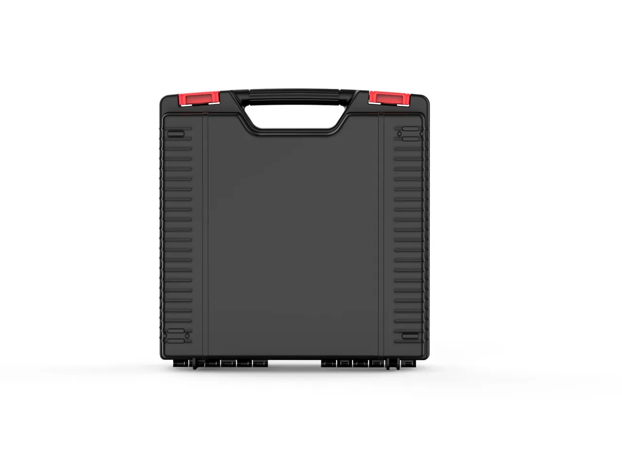 A black case from the front, handle recessed into the lid, a red draw latch either side, ribs running through both halves