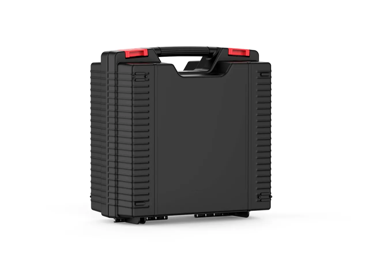 Black cases of the same pattern stacked, side ribs aligned top to bottom, the upper handle facing forward