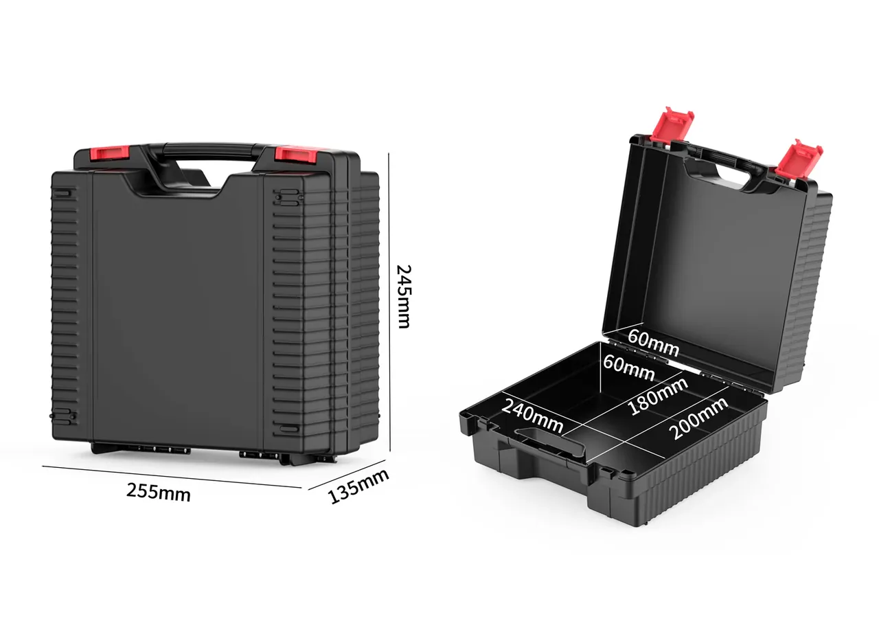 A dimension drawing of the same case: outside 255×245×135 mm and inside 240×200×60 mm, with 180 mm marked inside