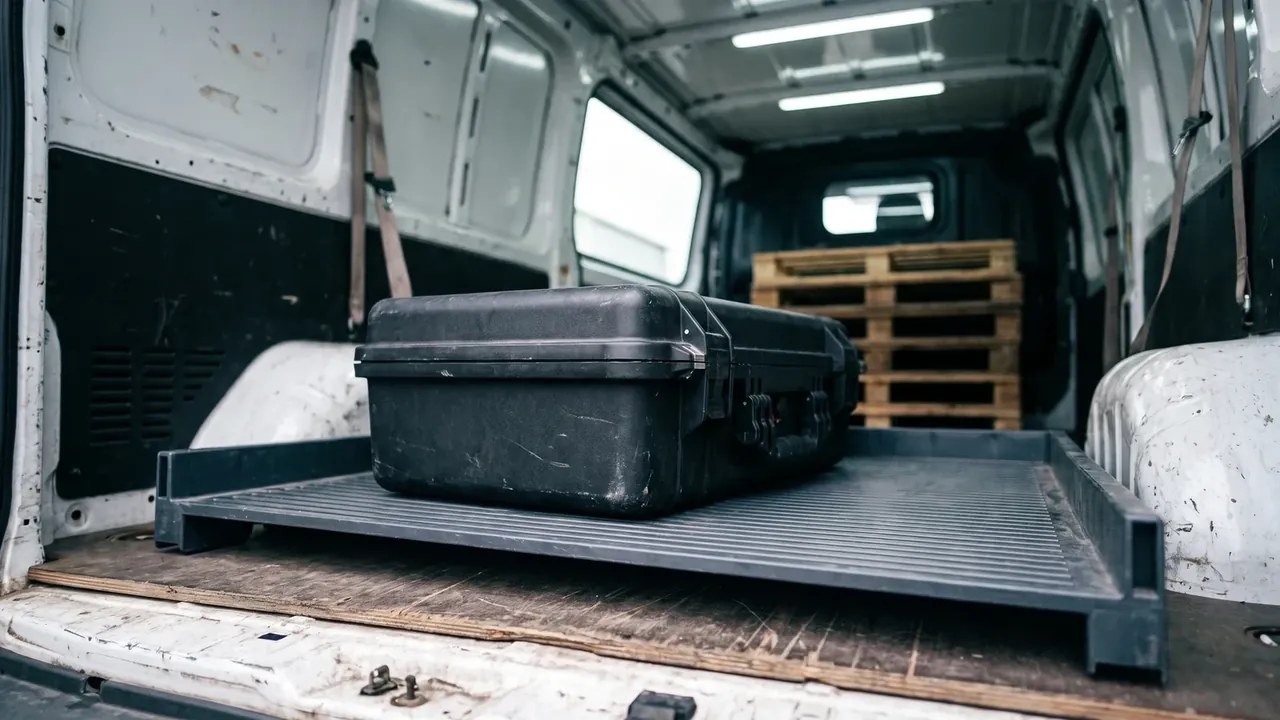 Metal Ammunition Box: a closed black case on a ribbed platform inside a white cargo van, wooden pallets stacked behind, tie-down straps hanging each side
