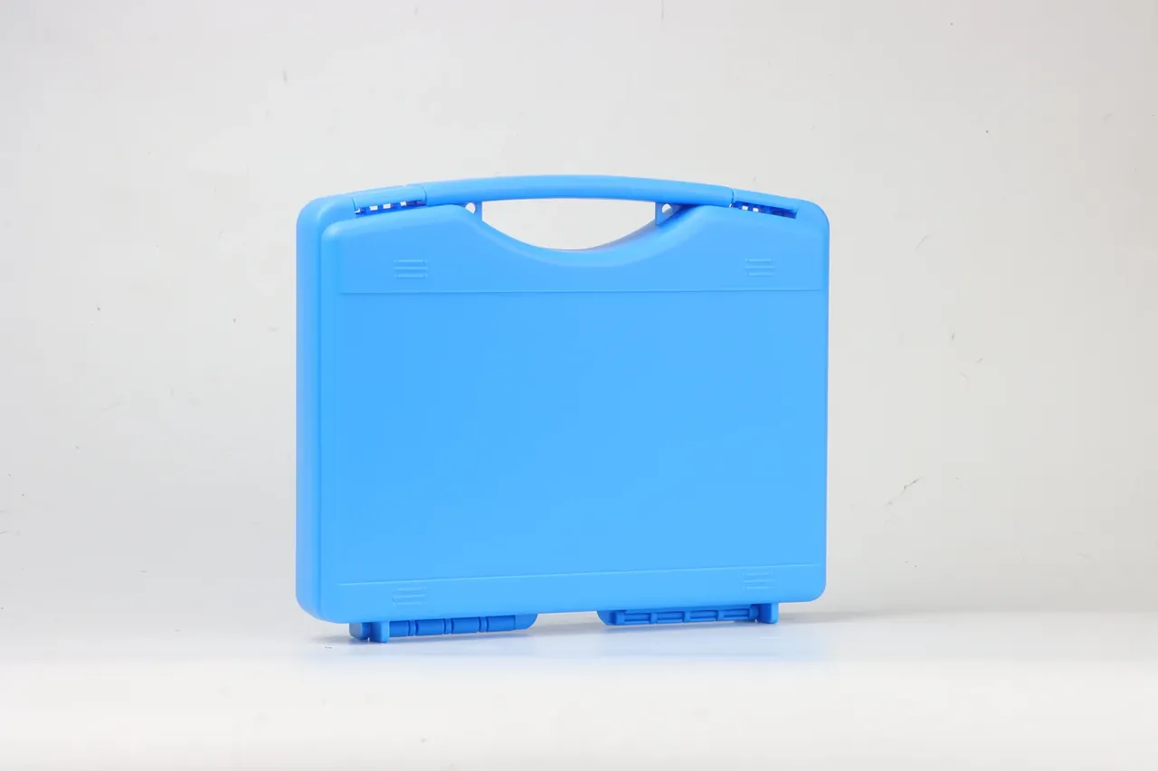 Light blue case closed, front view, same handle and corner ribs, hinge and latches visible along the base