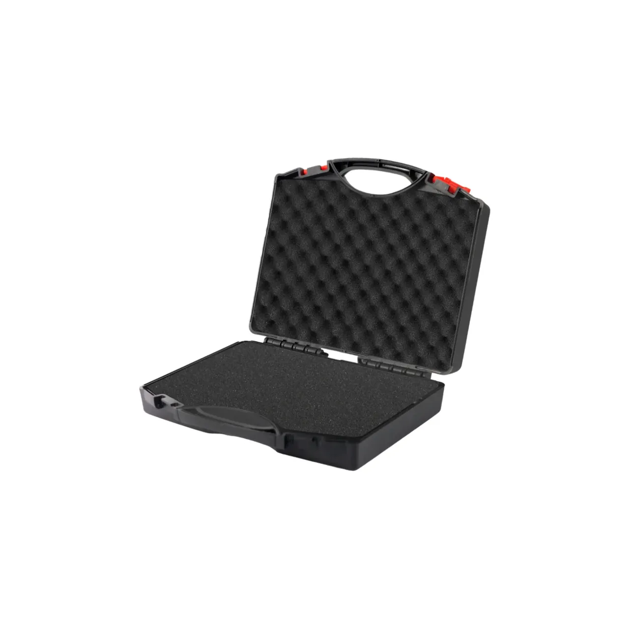 Black case open at an angle, convoluted foam in the lid, flat foam in the base, one-piece hinge