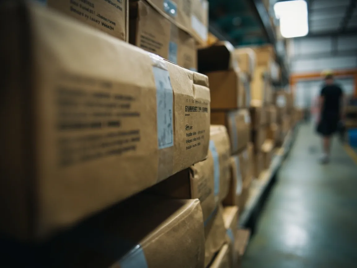 Row of stacked instrument transport cases in a warehouse zoned by color labels, with asset-number tags clearly visible on the case sides