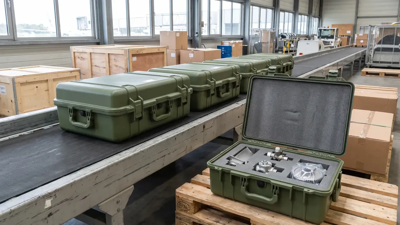 Military Air Transport Case: four olive green cases on a hangar conveyor, one open on a pallet with grey foam and metal parts