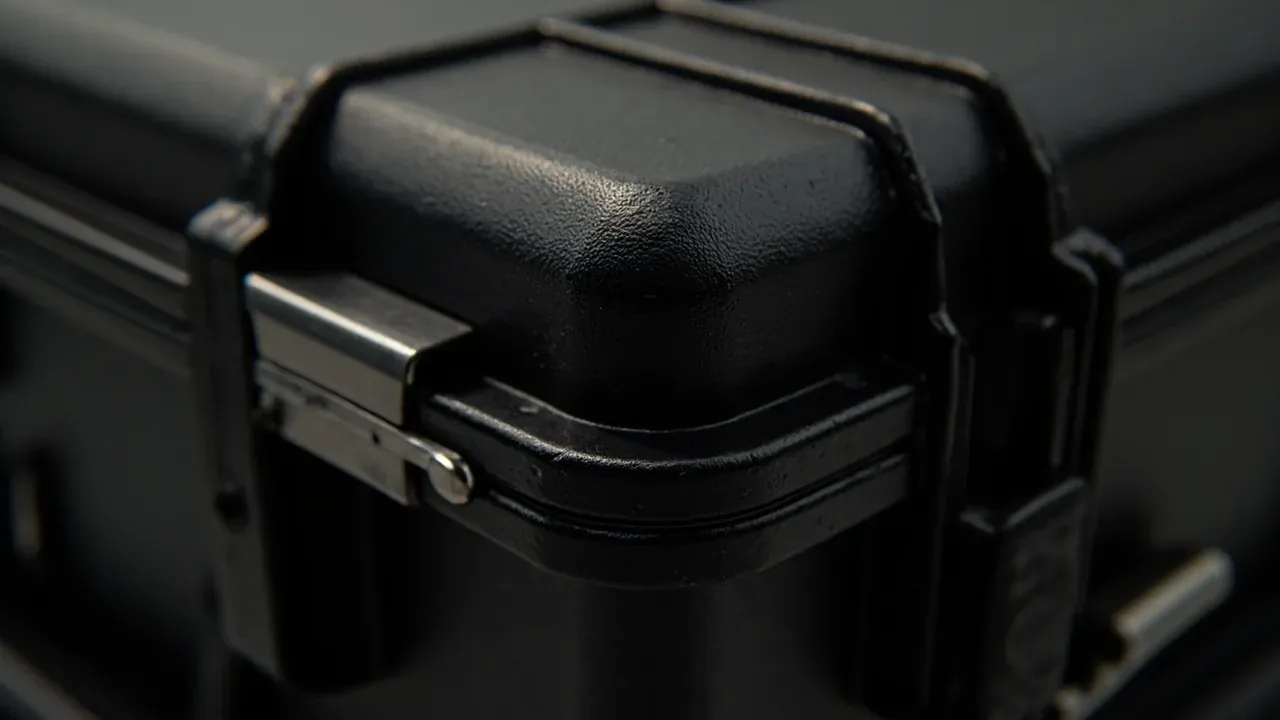 Macro of a black case corner, moulded handle meeting the draw latch
