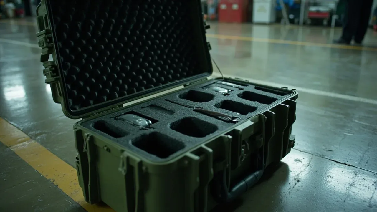 Open olive case with block foam cut-outs, egg-crate foam in the lid