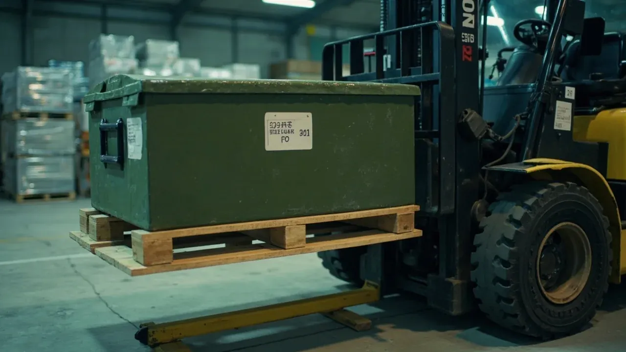 Forklift forks lifting an olive case and pallet just off the floor