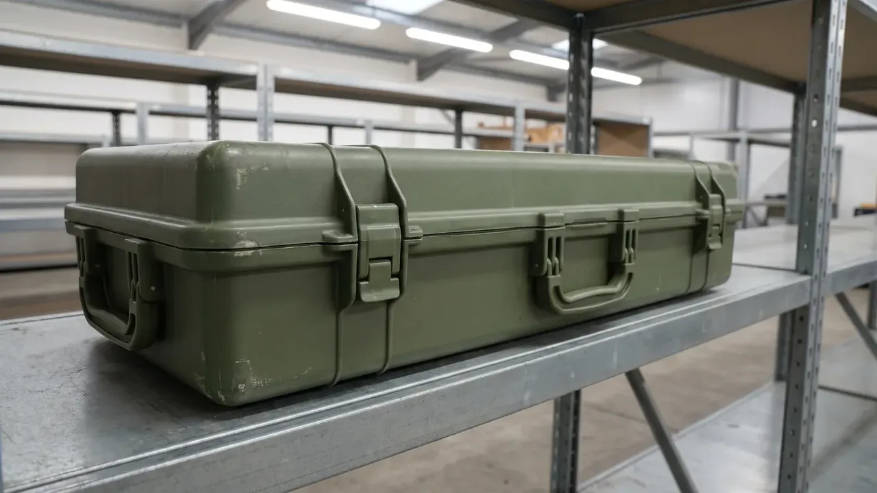 Olive case lying on a steel rack shelf, latches and handles worn