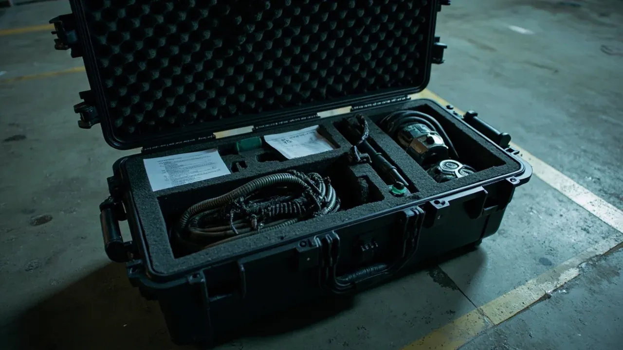 Open black case with sealed modules and coiled cables in foam