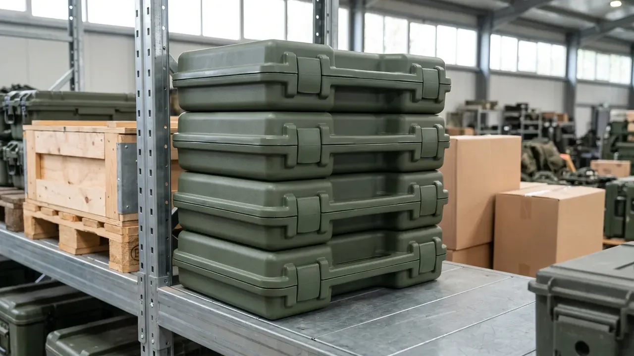 Four green cases stacked on a metal table beside a crate
