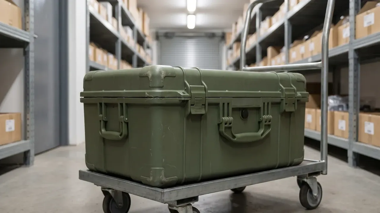 Green case on a wheeled platform cart in a warehouse aisle