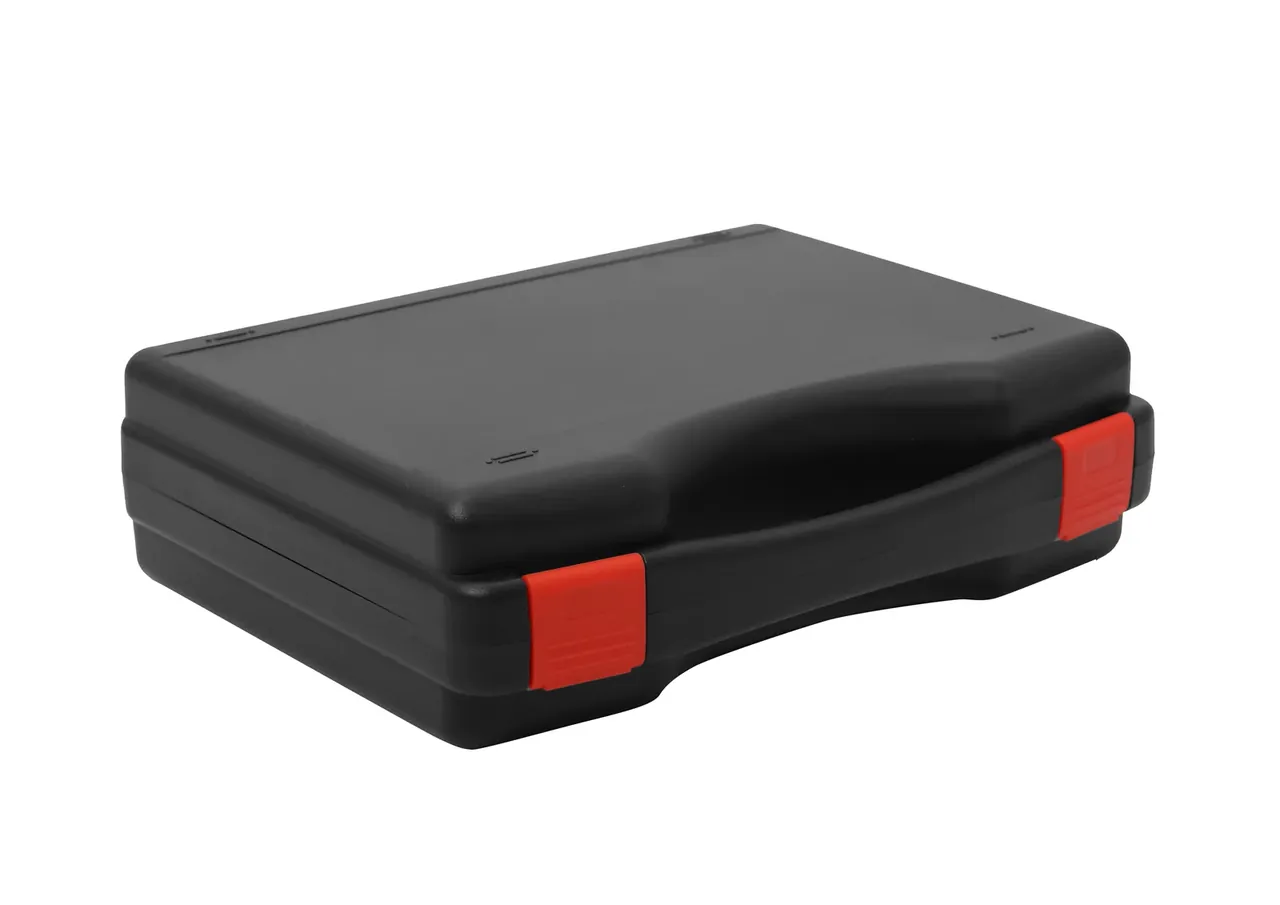 Military Case Procurement: charcoal hard case seen from above on white, two red latches clamping the seam, recessed corners, shaved lid edge