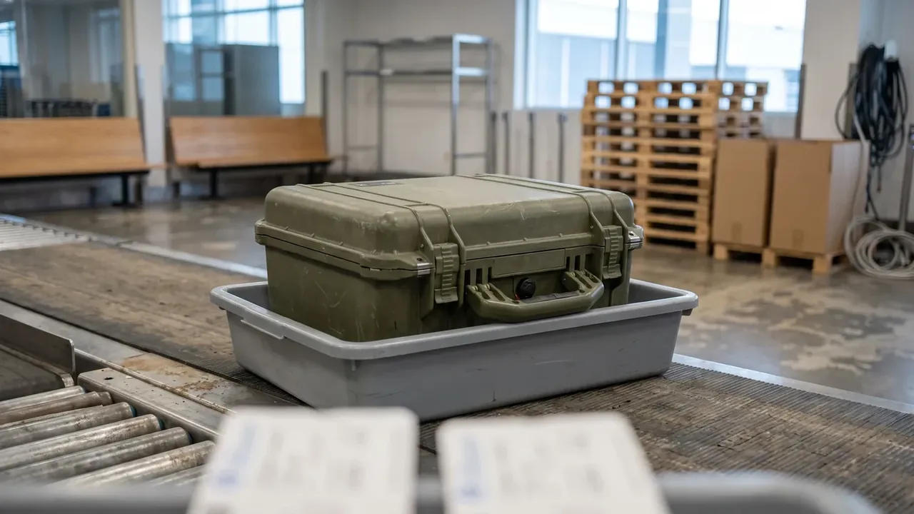 Military Chemical Agent Container: scuffed olive green case in a tray on a roller conveyor, both latches closed, racking and pallets behind