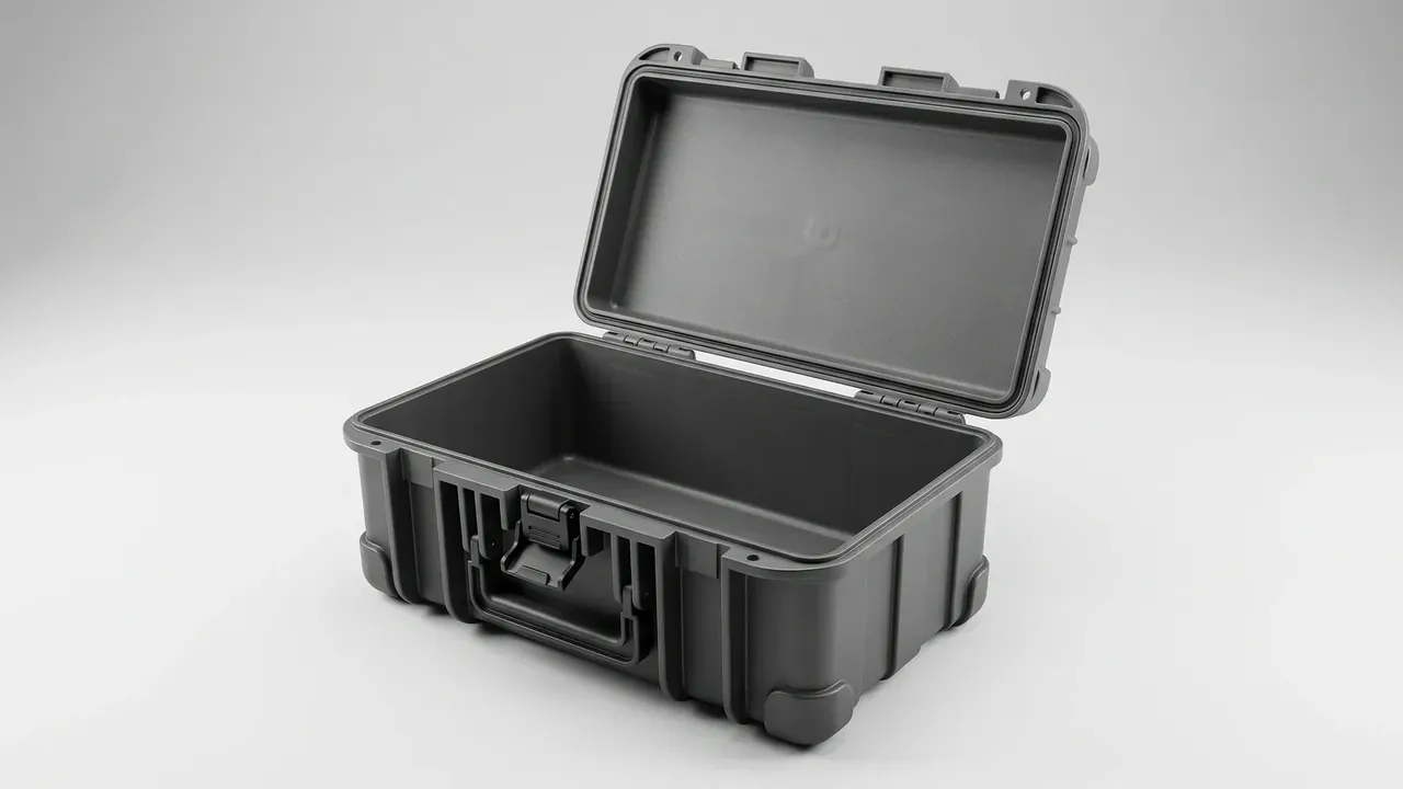 Military Chemical Agent Container: dark grey hard case open on a white studio floor, empty rectangular cavity, one front latch and a molded handle