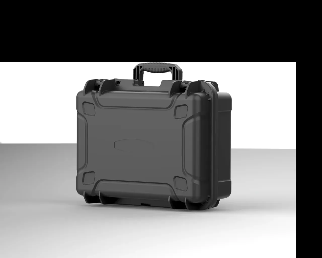 The same case at the rear quarter, square lid pads and reinforced handle roots visible