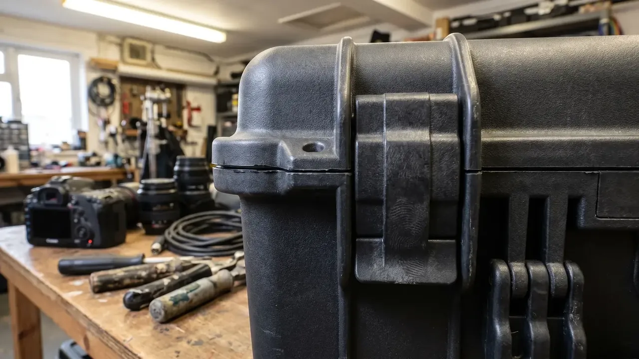 Military equipment protective case: close front view of a black case on a workbench, a large latch at right, a round lock hole left