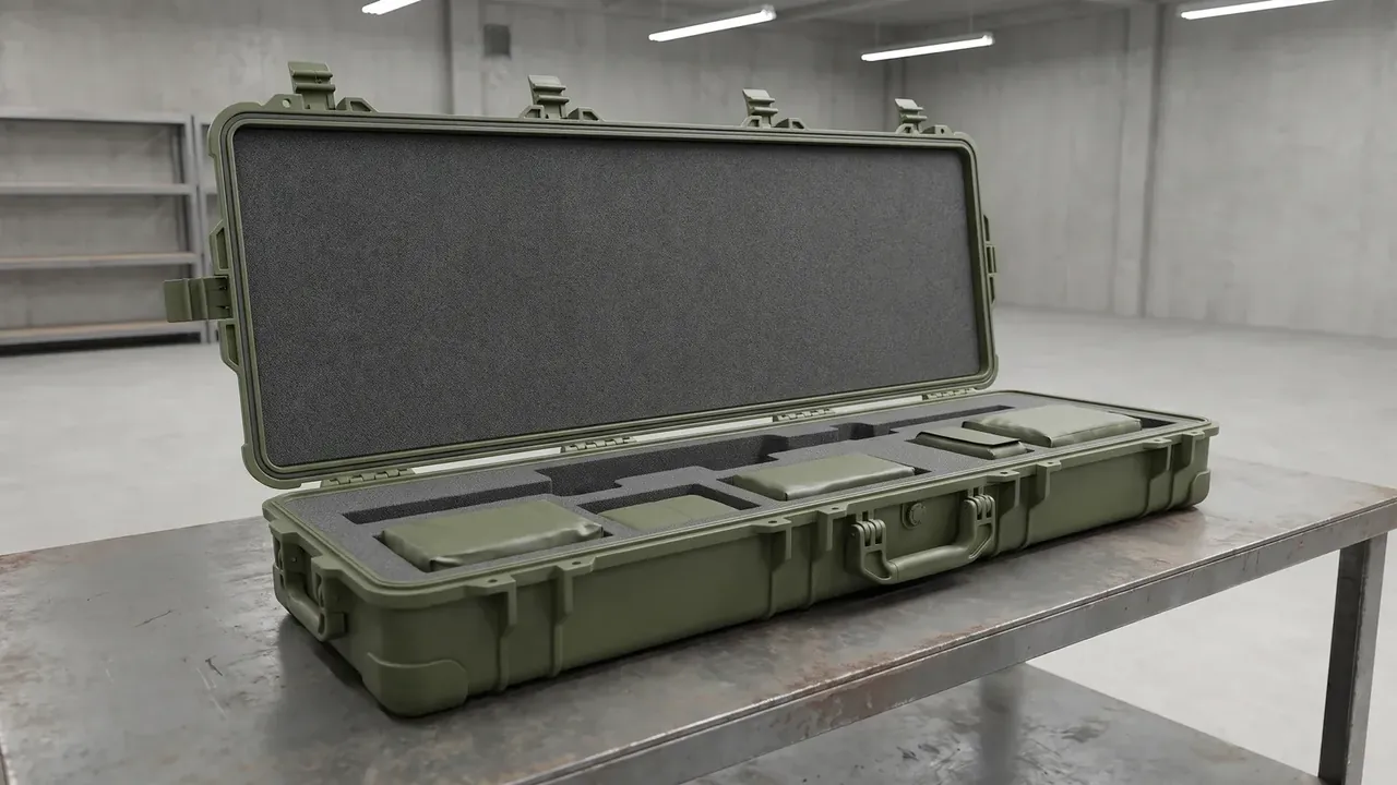 Military Firearm Case: olive green long case open on a steel bench in an empty concrete hall, convoluted foam lid, green pads in the base