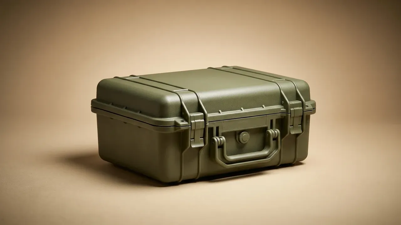 Military firearm case in olive green, square format, three moulded ribs, three latches, folding handle, rounded corners